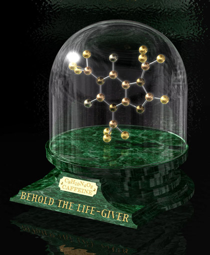 Caffeine Shrine- a caffeine molecule inside a glass dome on a green marble base.